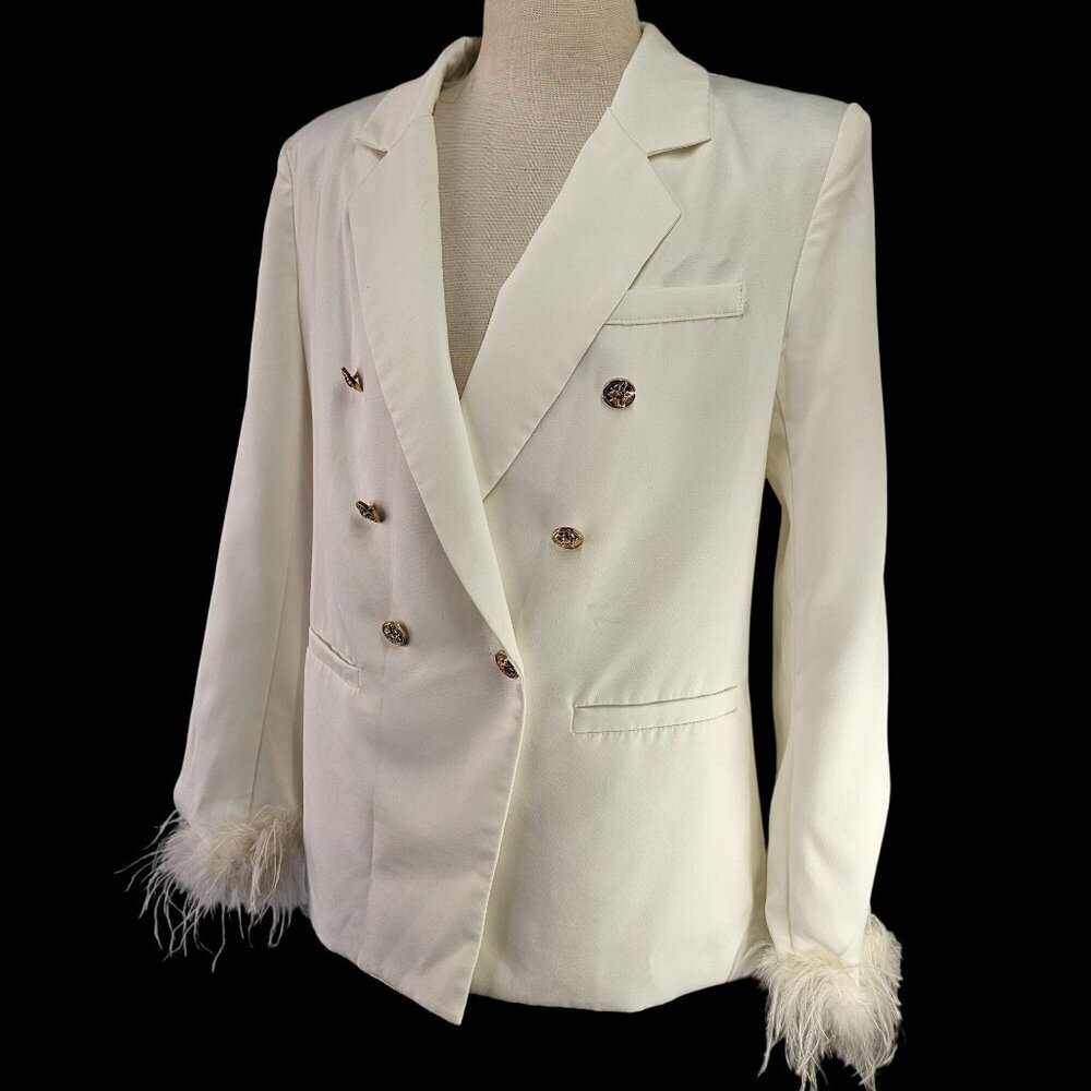 Shein Double Breast White Blazer Women Sz M Feather Cuff Lightweight Gold Button